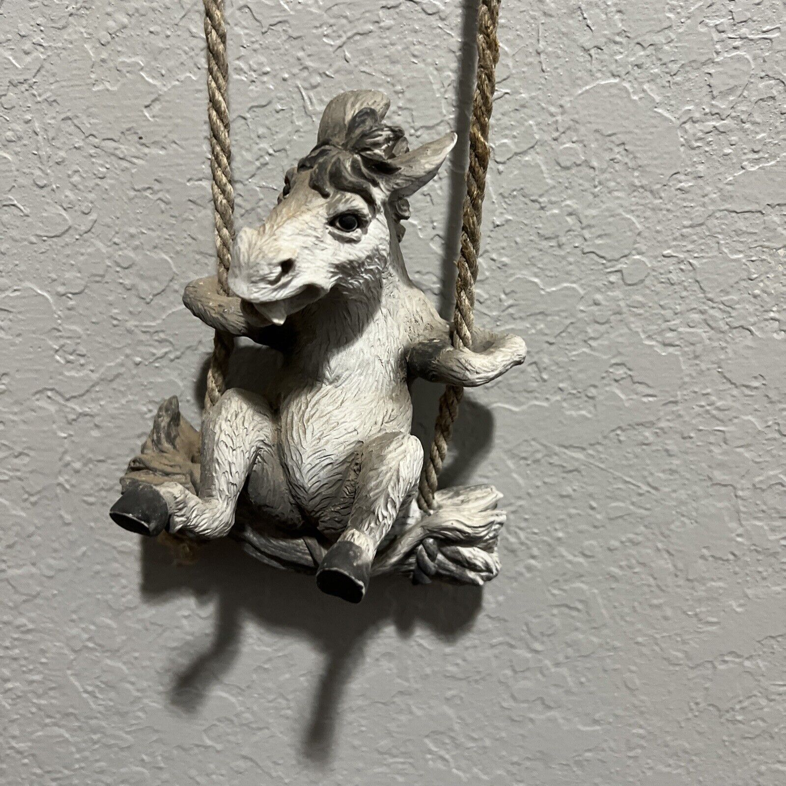 Cheerful Horse on Swing Hanging Natural Rope •Vintage Resin •RARE FIND 20” Long