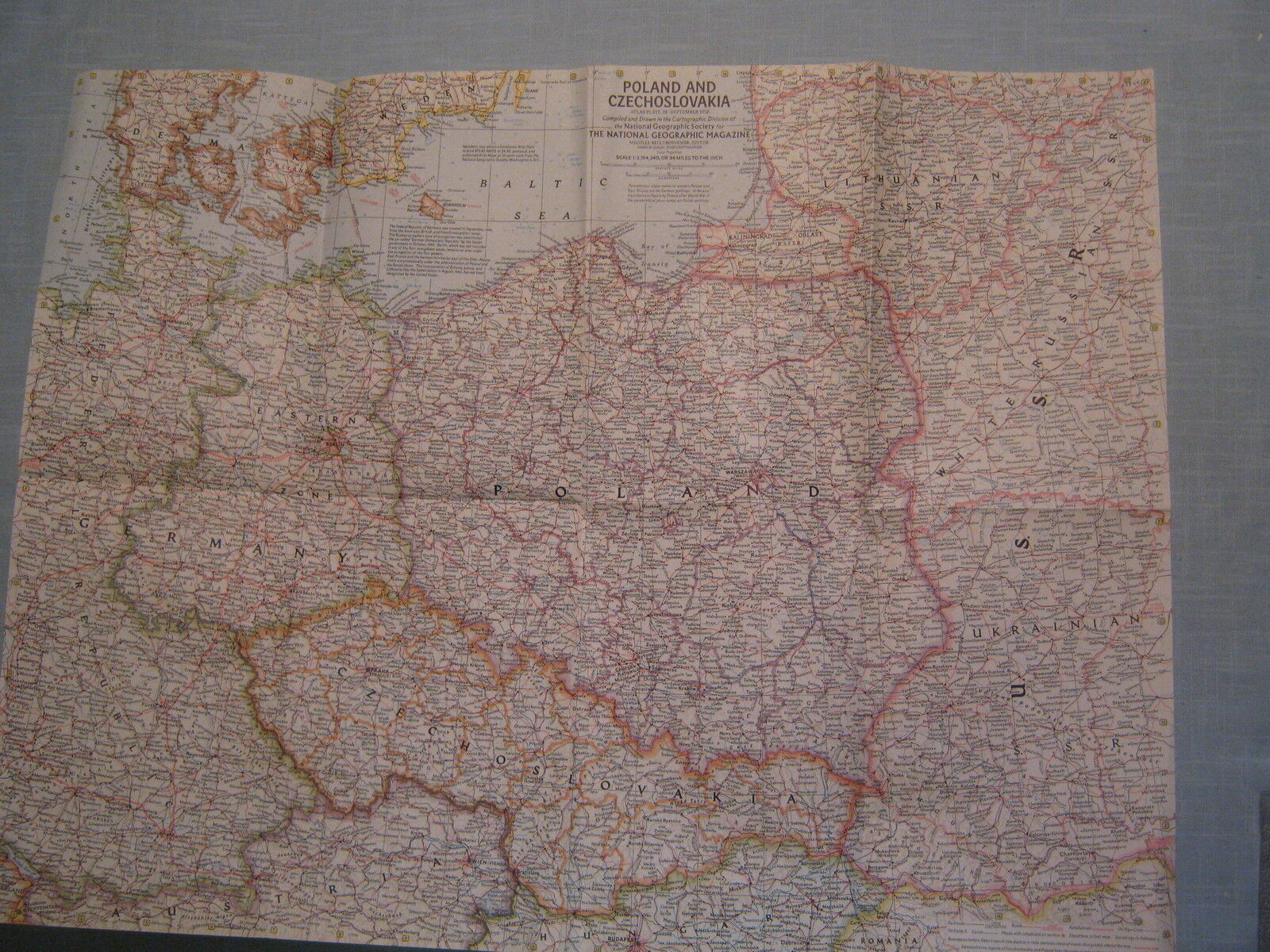 VINTAGE POLAND AND CZECHOSLOVAKIA MAP National Geographic September 1958