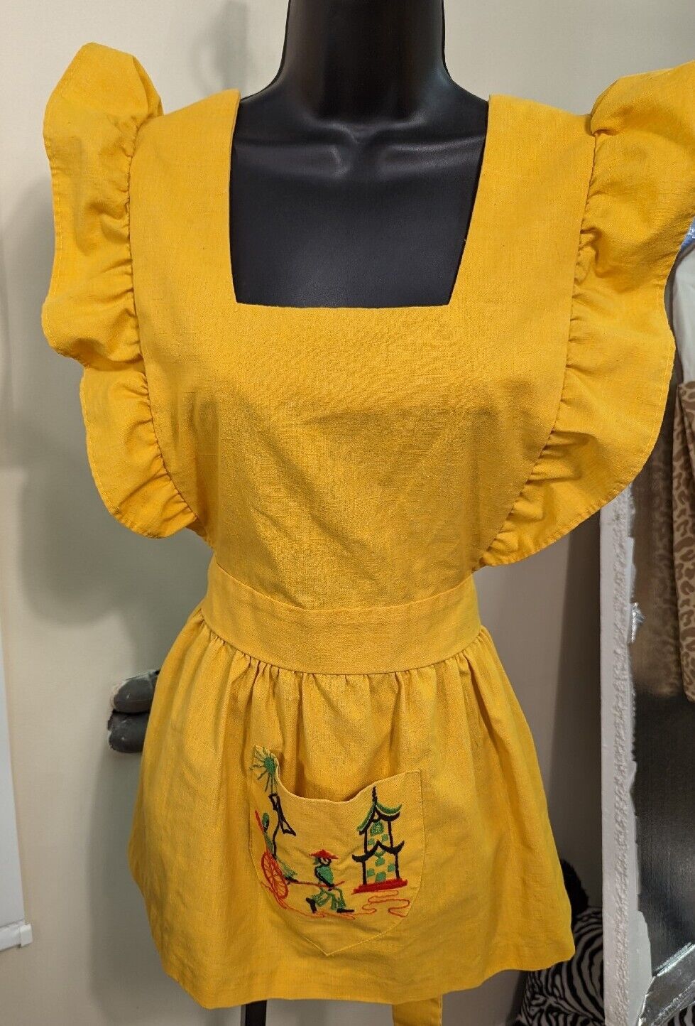Vintage Bib Apron Handmade c1940s Heavy Cotton Linen Embroidered Rickshaw Yellow