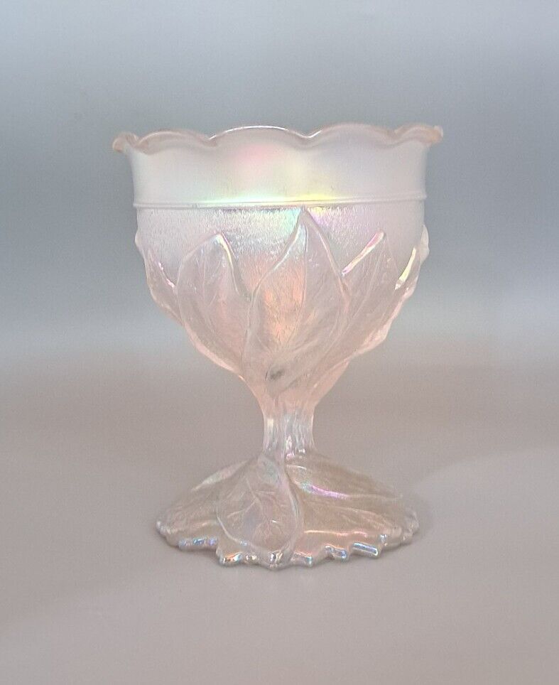 Vtg Imperial Glass Iridescent Compote Dish Satin Frosted Bowl Floral Leaves