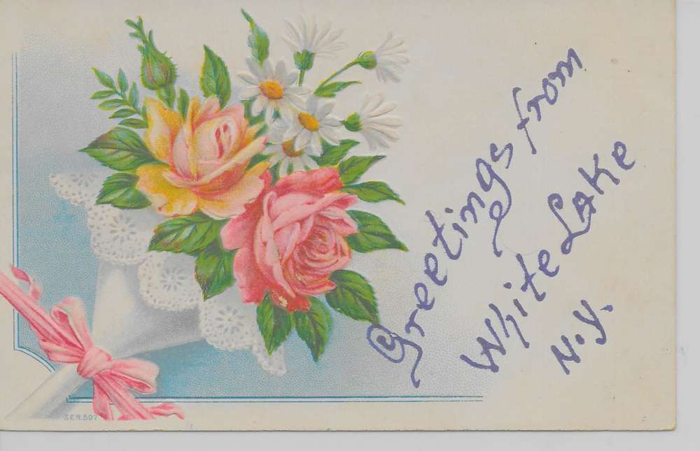 White Lake New York Greetings From bouquet of flowers antique pc Z19936