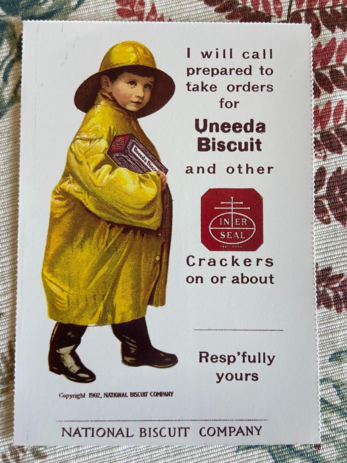 vintage advertising  postcard National biscuit company uneeda boy yellow raincoa