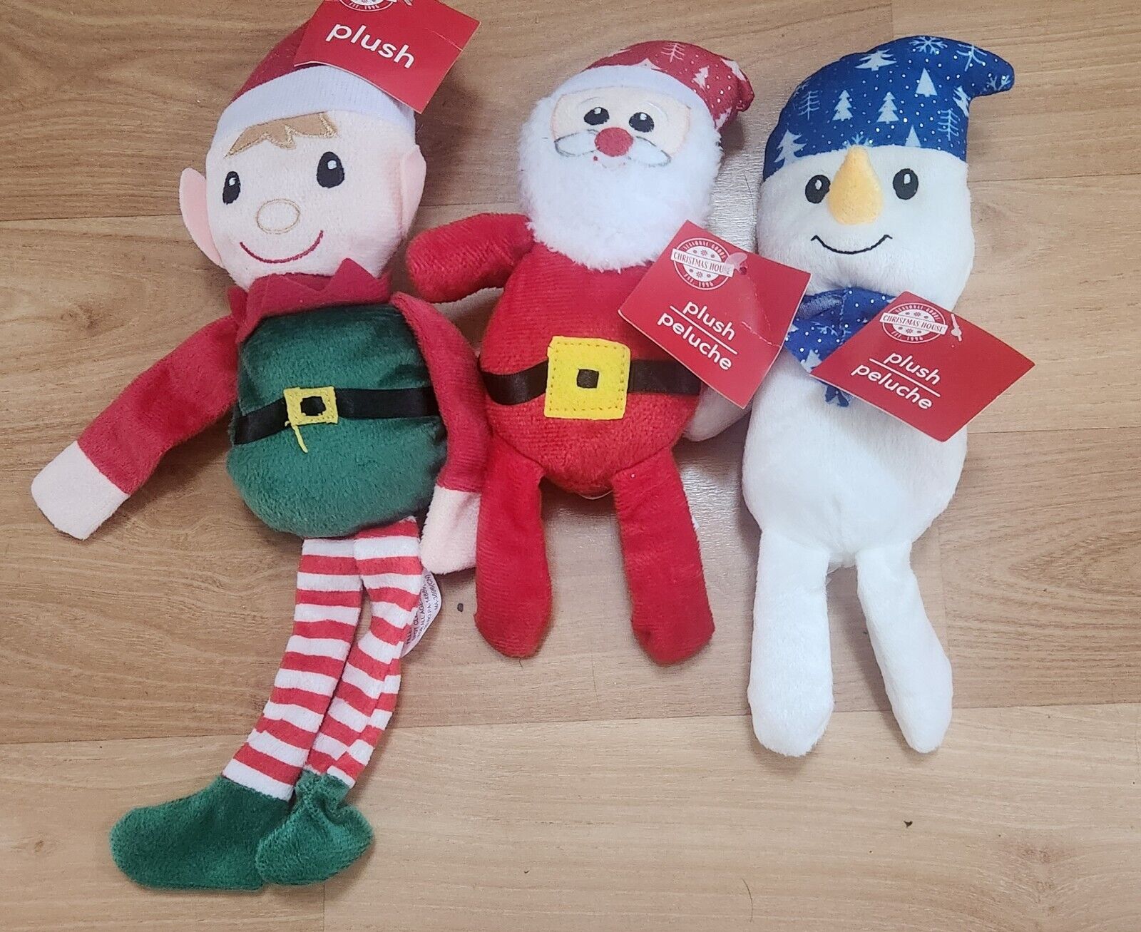 Christmas House lot of 3 plush. santa, snowman,elf. NEW w/ tags. see pics for sz
