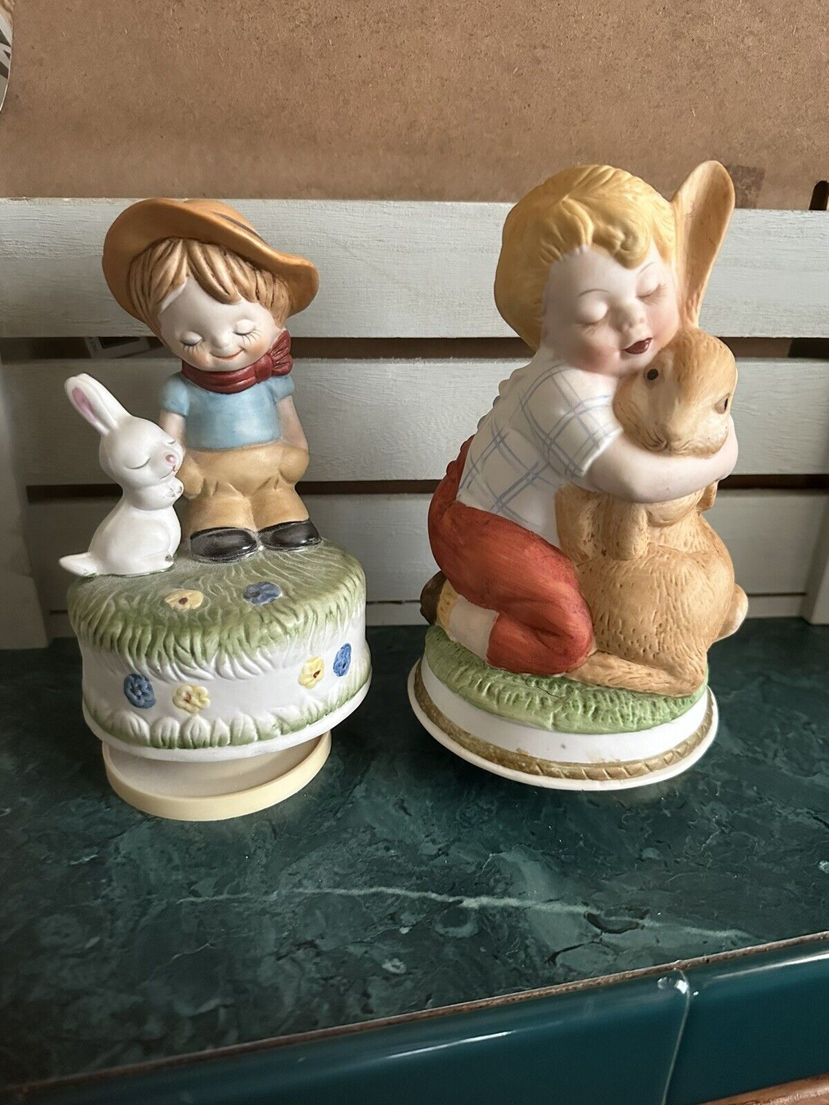 2 Beautiful Vintage Rotating Music Boxes with Bunnies