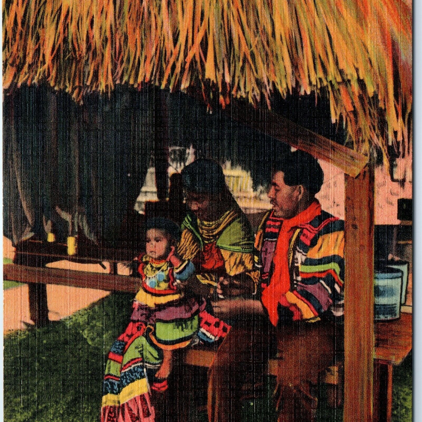 c1940s Everglades, FL Seminole Indian Family @ Home Shelter Linen Postcard A117