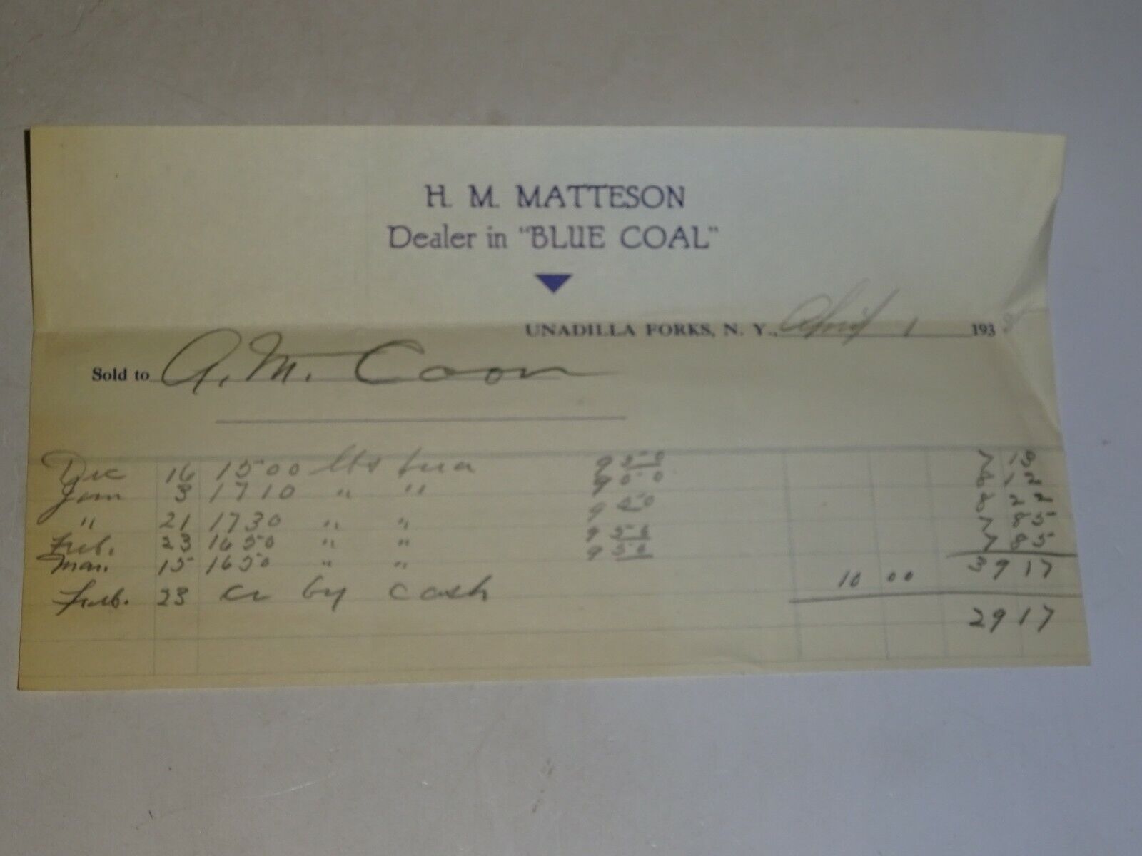 1938 letterhead H.M. Matteson Unadilla Forks, NY Dealer in Blue Coal 4/1