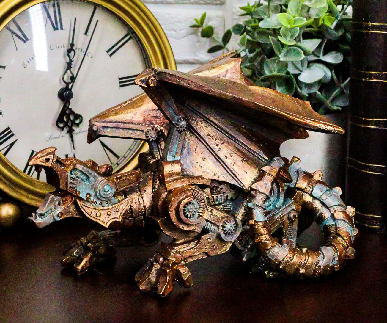 Ebros Roaring Steampunk Copper Skinned Robotic Cyborg Winged Dragon Figurine