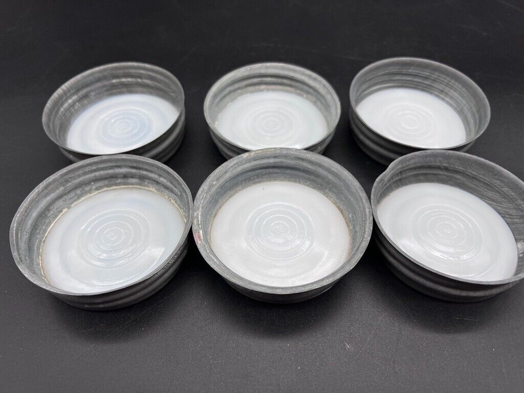 LOT of 6 Vintage BALL Zinc Screw On Canning Jar Lids w/ White Milk Glass Inserts