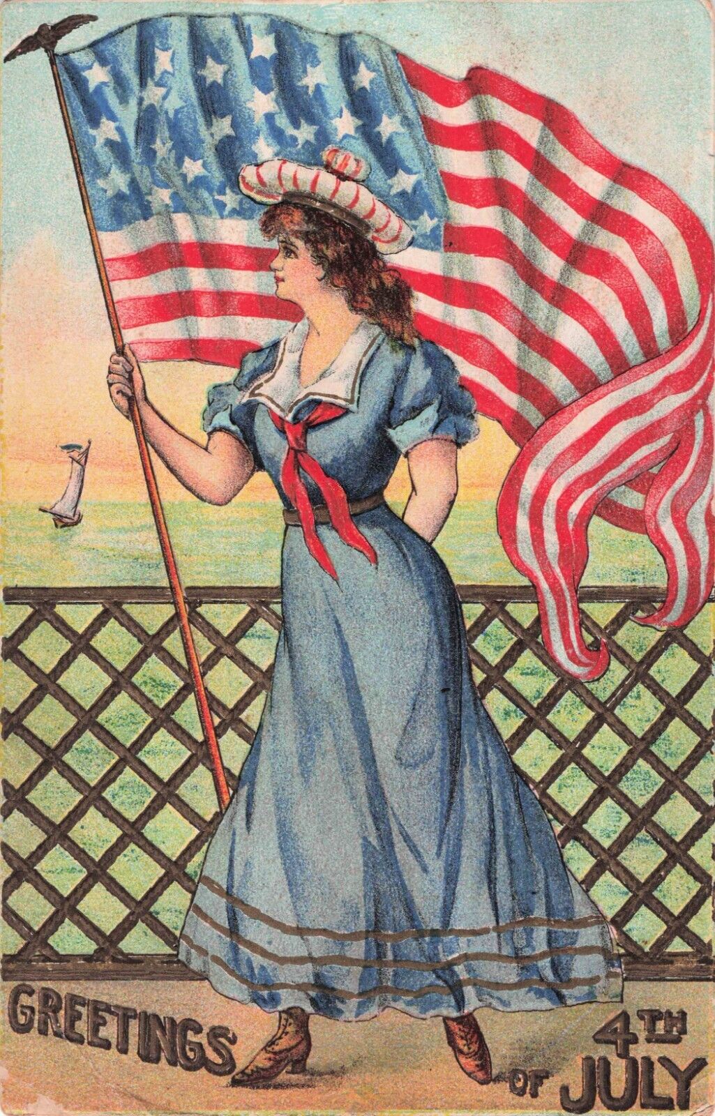 Vintage Artist Postcard July 4th Lady Sailor Suit Holds Flag on Ship 1908 F515