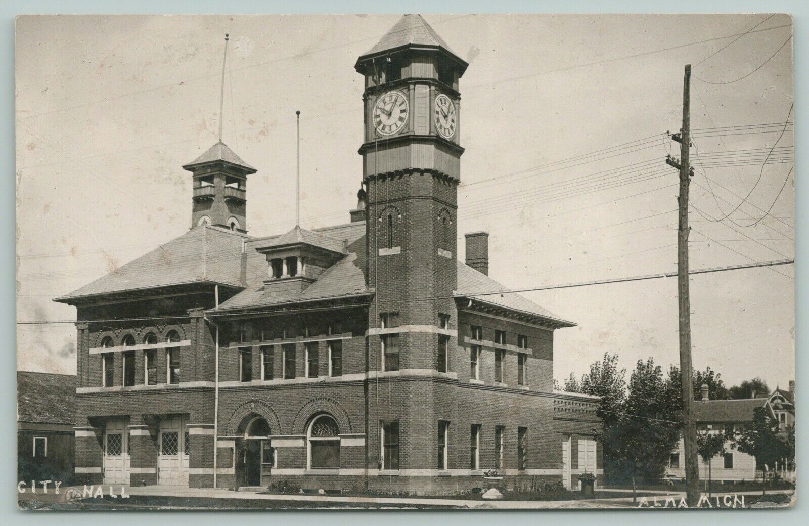 Alma MI~10:05 PM on City Hall Clocktower~Neighborhood RPPC 1911 Postcard