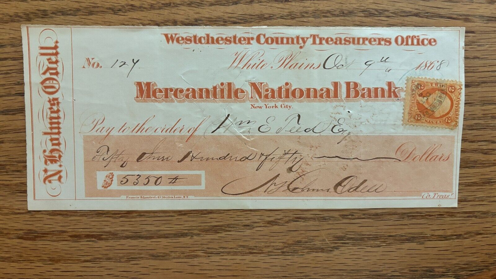Mercantile National Bank Westchester Co Check 1868 New York w/ Revenue Stamp