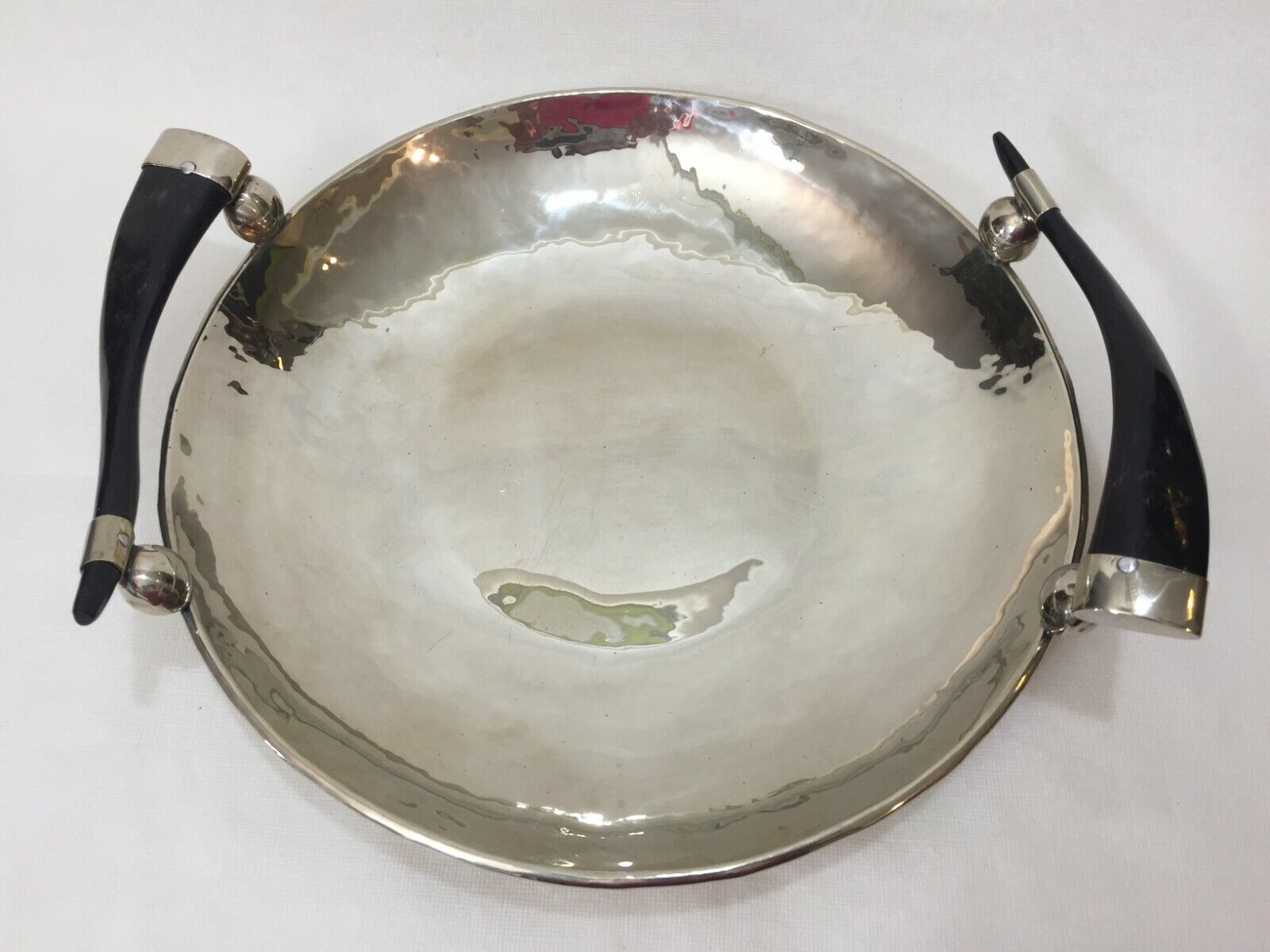 Vintage Hand Crafted Art Silverplate Bowl with Horn Handles, 13 1/2\