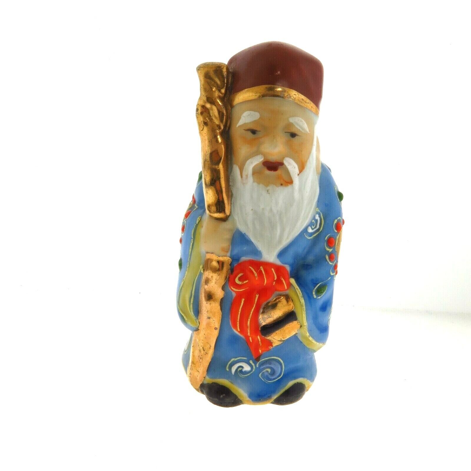 Antique Japanese Kutani Moriage Lucky Longevity Figurine 4 inches