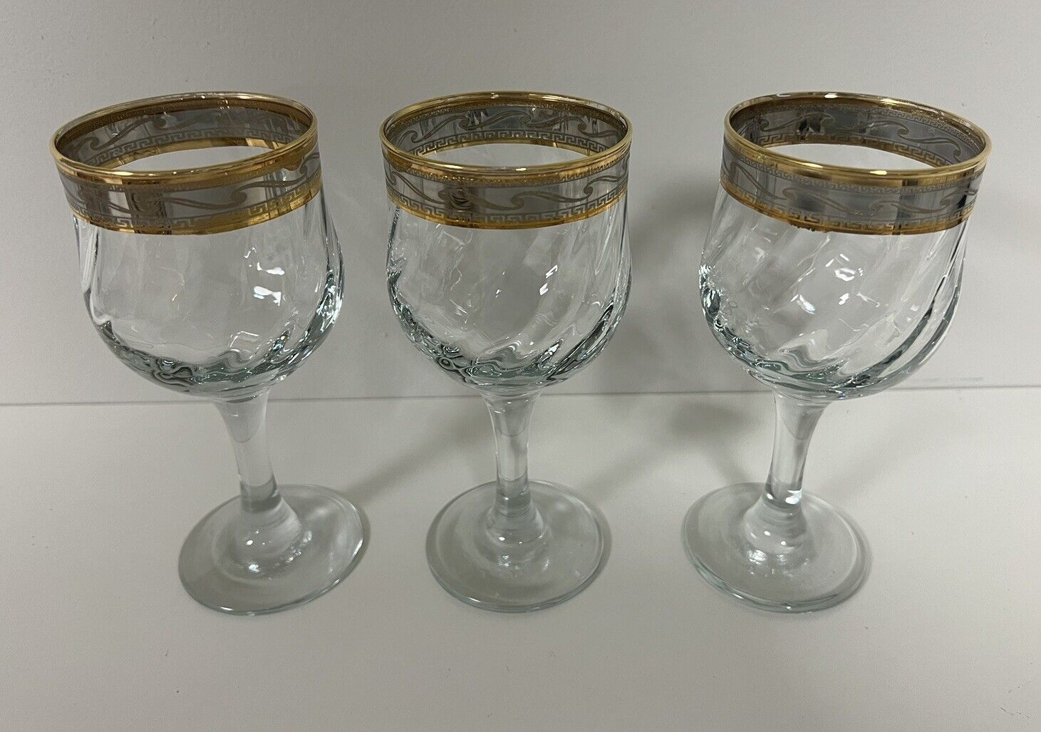 Set of 3 Cristalleria Fratelli Fumo Italy Crystal Wine Glasses Gold Trim
