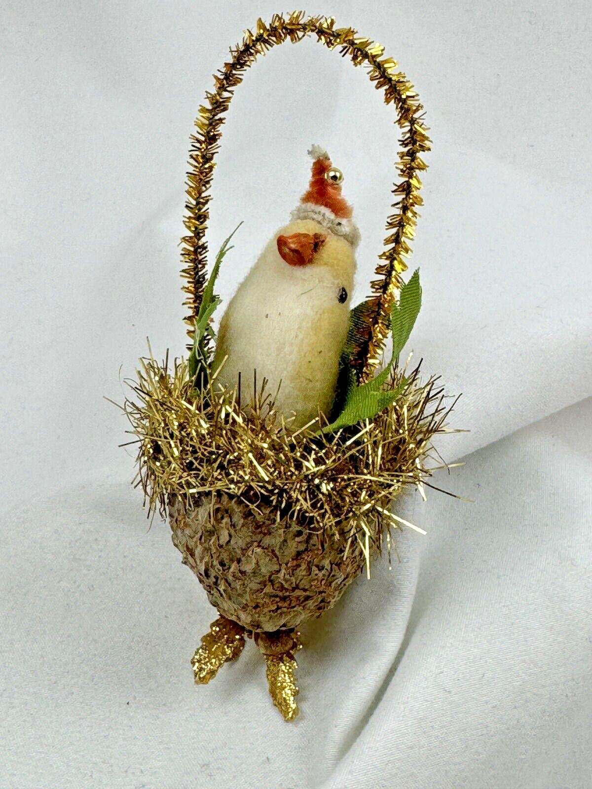 Christmas Sebnitz  Wire Wrapped Easter Ornament Cotton Bird Hanging Nest Basket