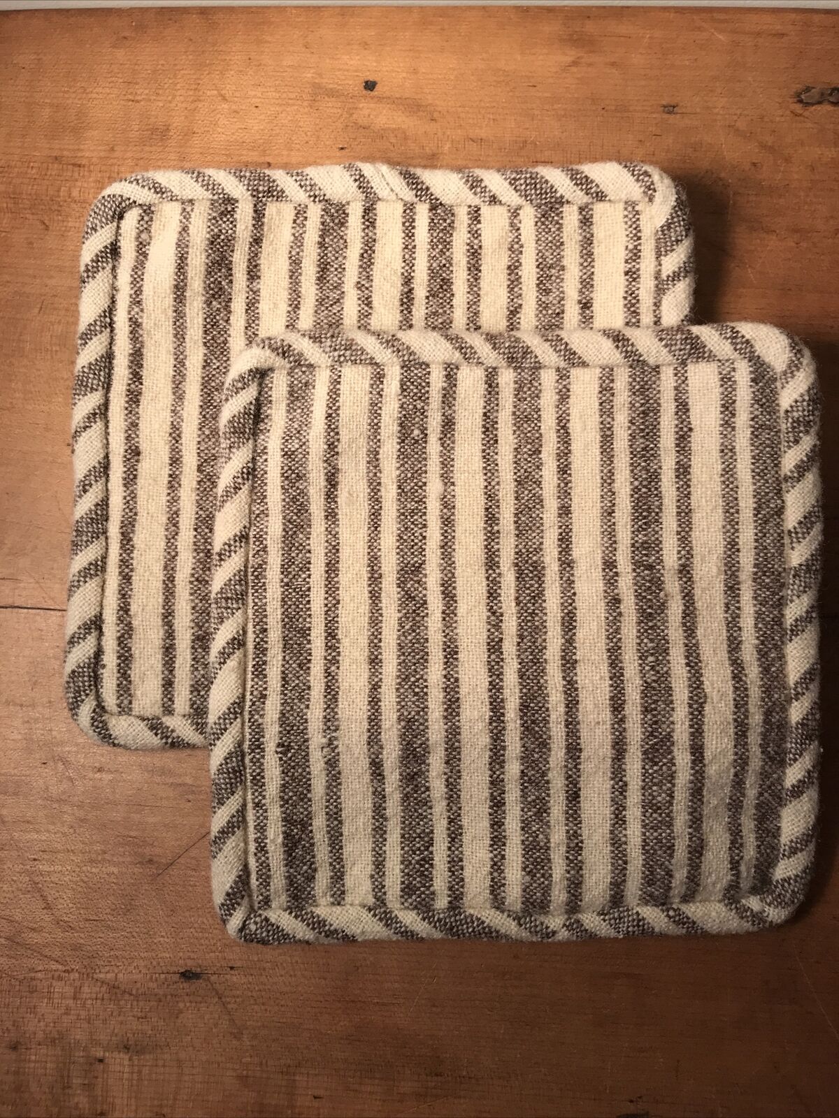 Primitive Early Linsey-Woolsey Striped Potholders (2)  7” Square Handmade Brown