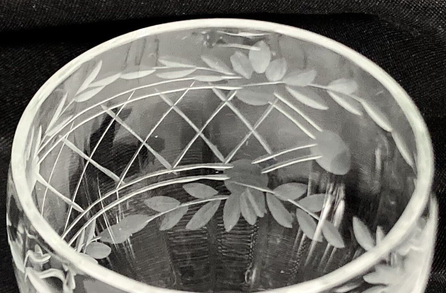 Weston Optic Etch Floral Lattice Leaf Dot Cut Foot Wine Cocktail Glass Vtg 1930s