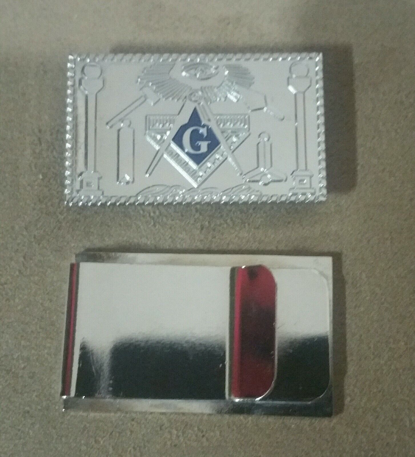 Masonic money clip working tools Freemason Chrome tone w/ blue enamel 