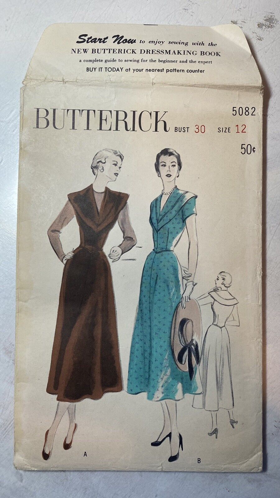 Vintage Butterick Pattern 40’s Sz 12 30 COMPLETE 5082 Cape Collar V Neck Dress