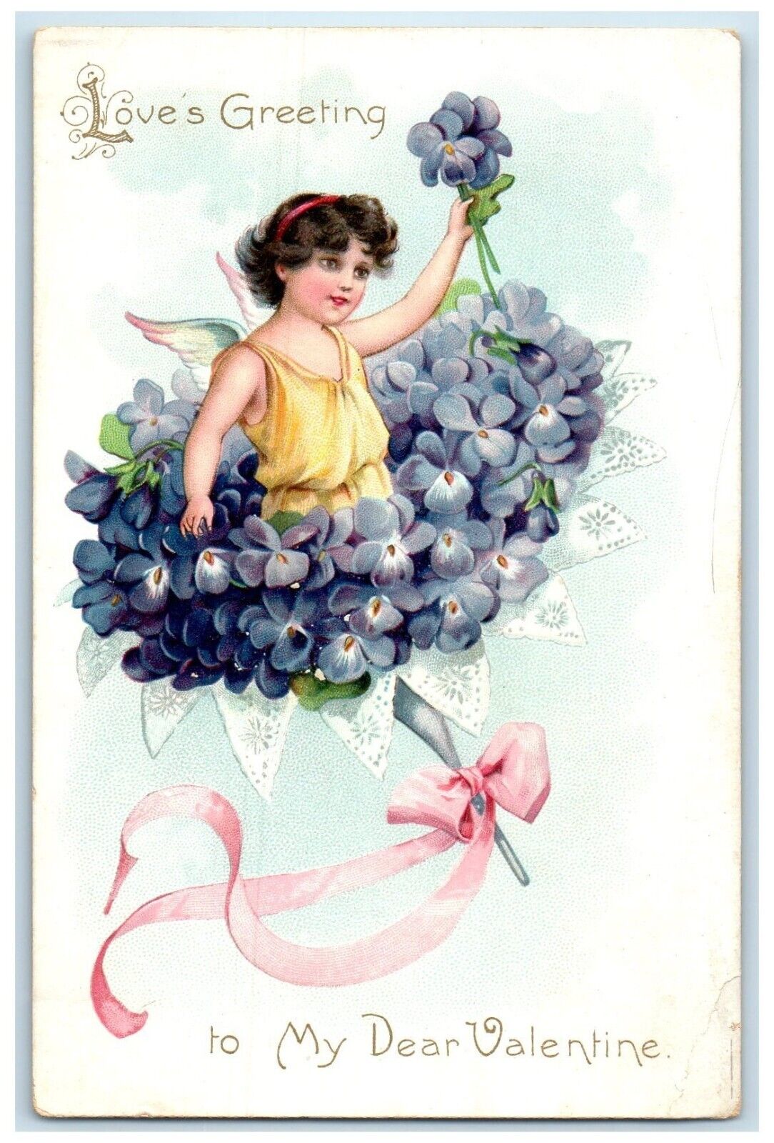 c1910's Love's Greeting Cupid Angel Flowers Embossed Tuck's Antique Postcard