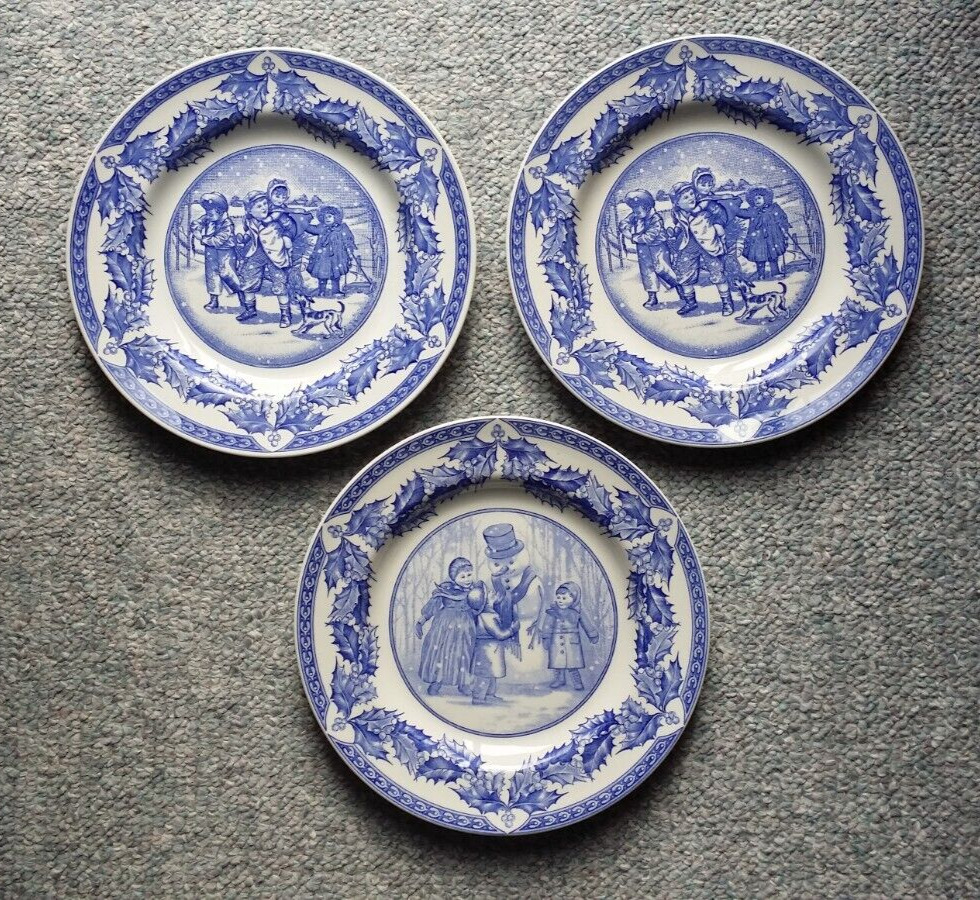 3 Spode Victorian Children Plates Snowman Gathering Kindling 1st  & 2nd Issues