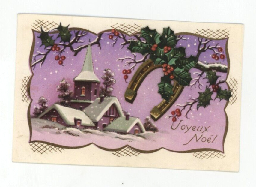 Vintage Christmas  Postcard  HORSESHOE  &  HOLLY  APPLIQUE  CHURCH UNPOSTED