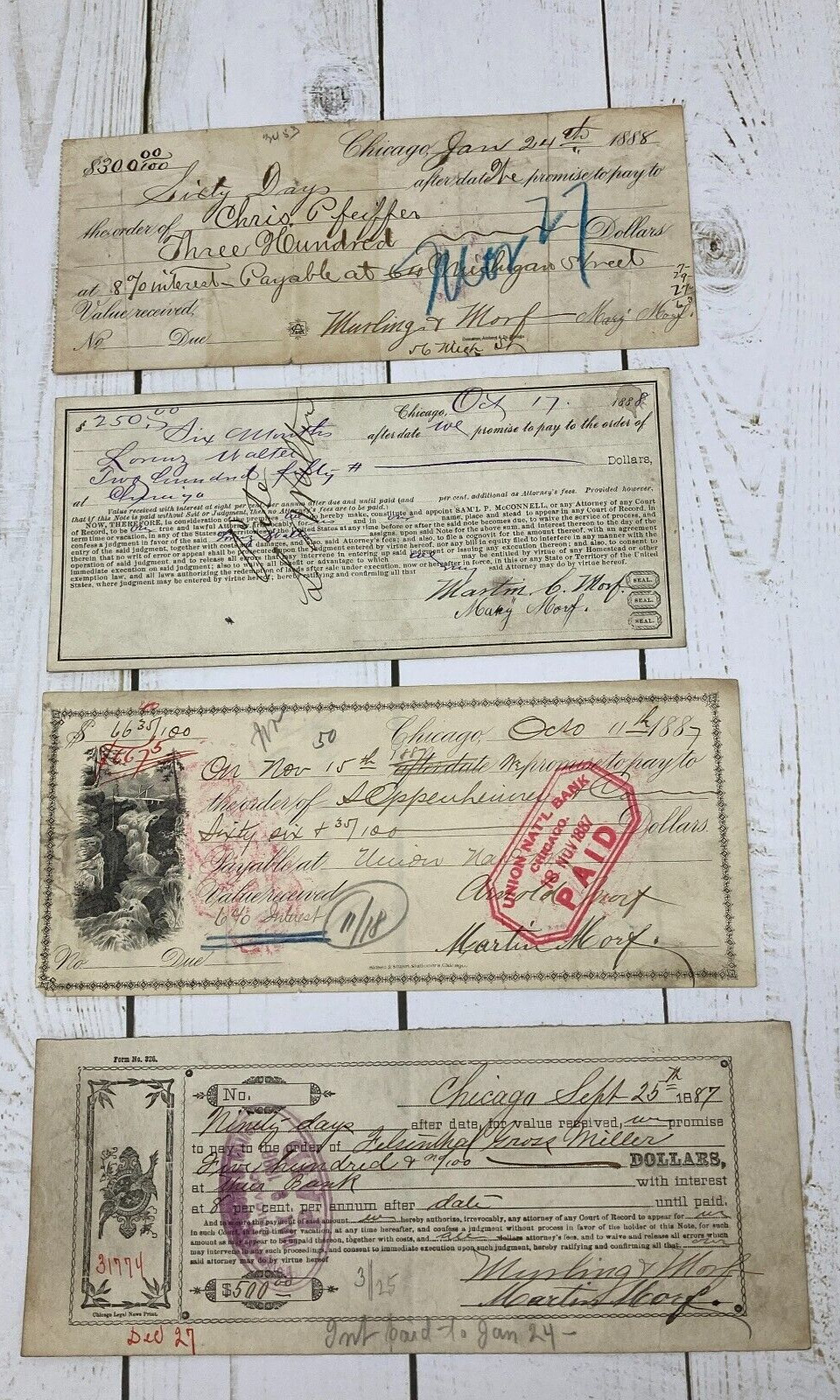 1800's Promissory Note Lot Of 4 Chicago Union Nat'l Felsenthal Gross Miller Bank
