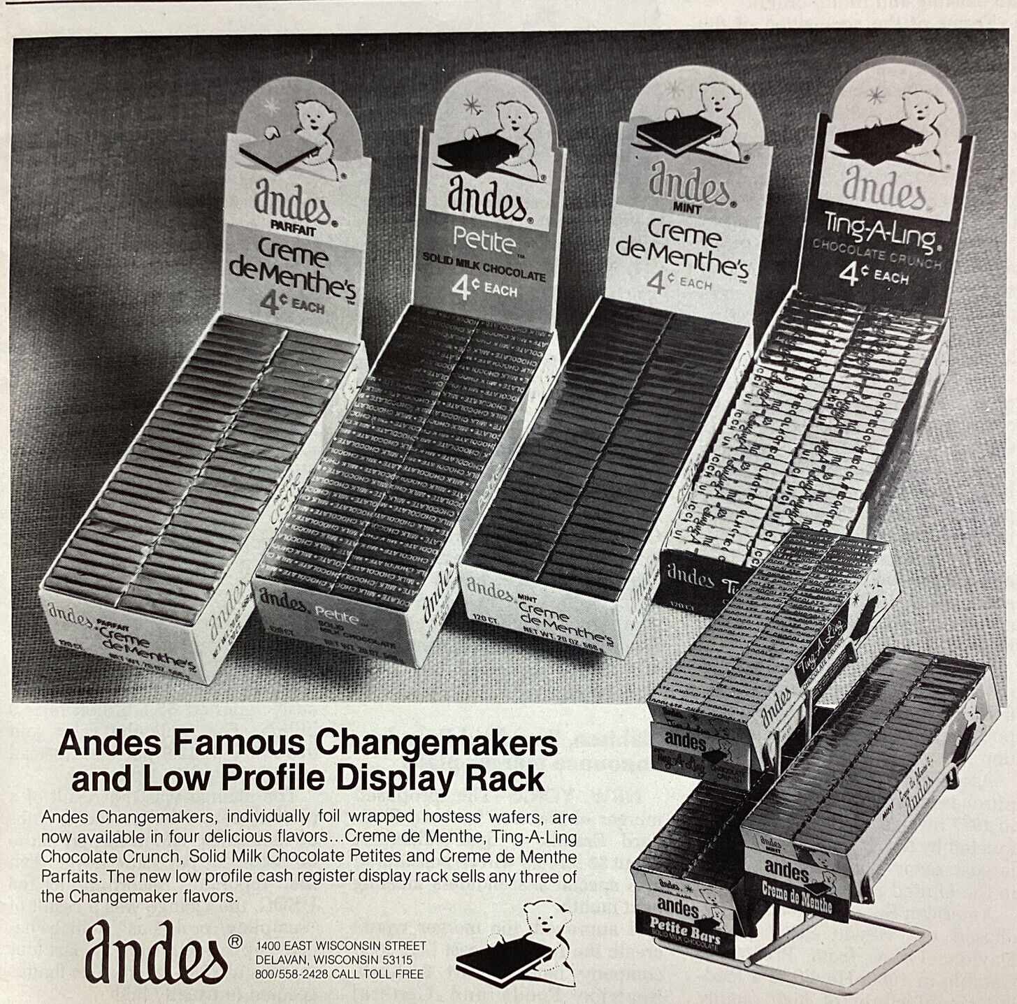 Andes Candy Print Ad Original Vintage 1981 Rare VHTF Delavan WI Changemaker Rack