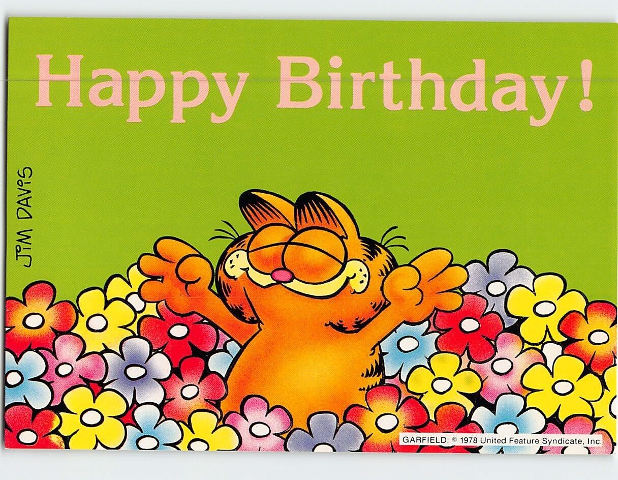 Postcard Happy Birthday with Garfield Flowers Comic Art Print