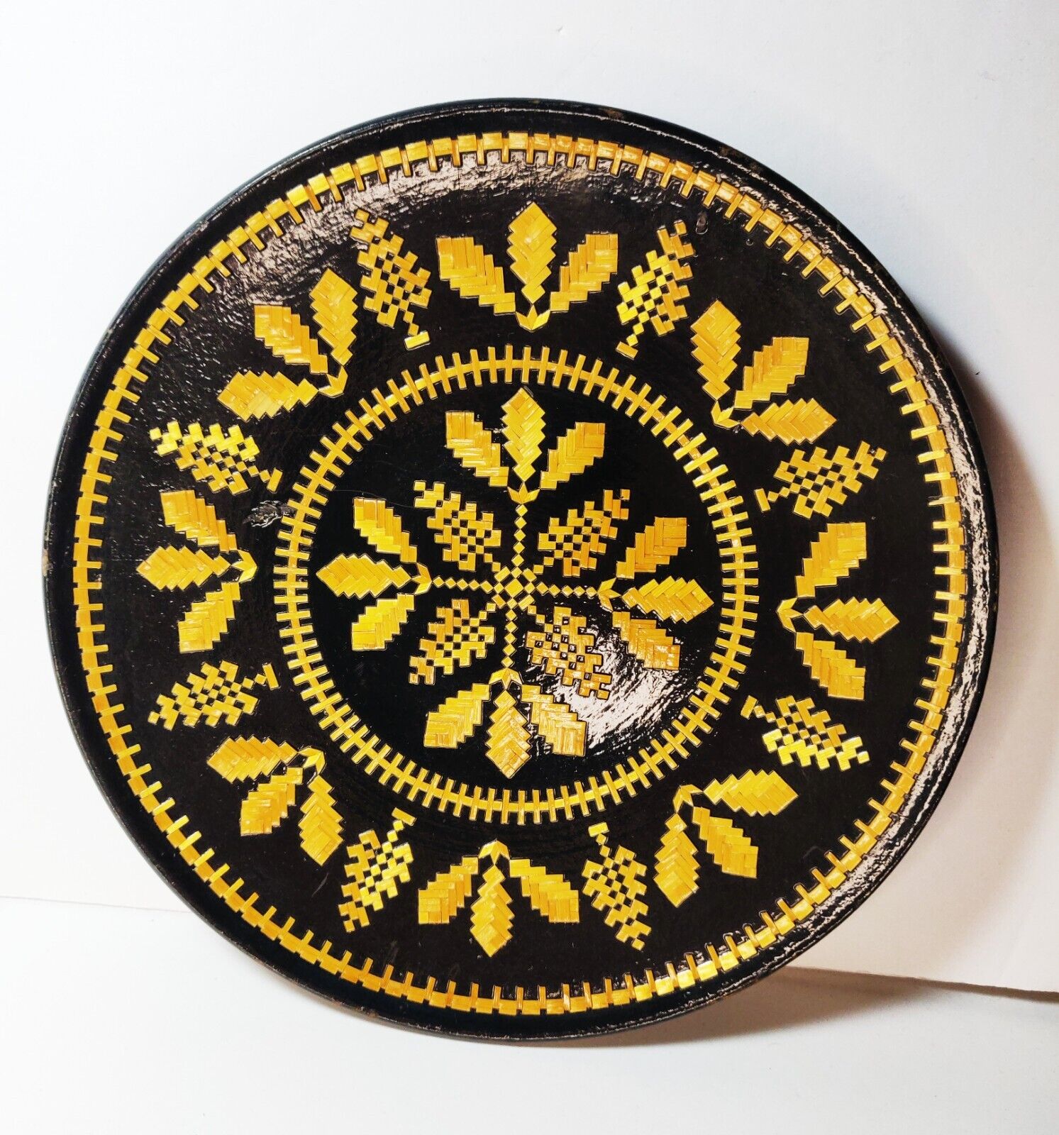 Vintage Russian Folk Art 10 Inch Lacquered Plate Straw Inlay Marquetry USSR Tag