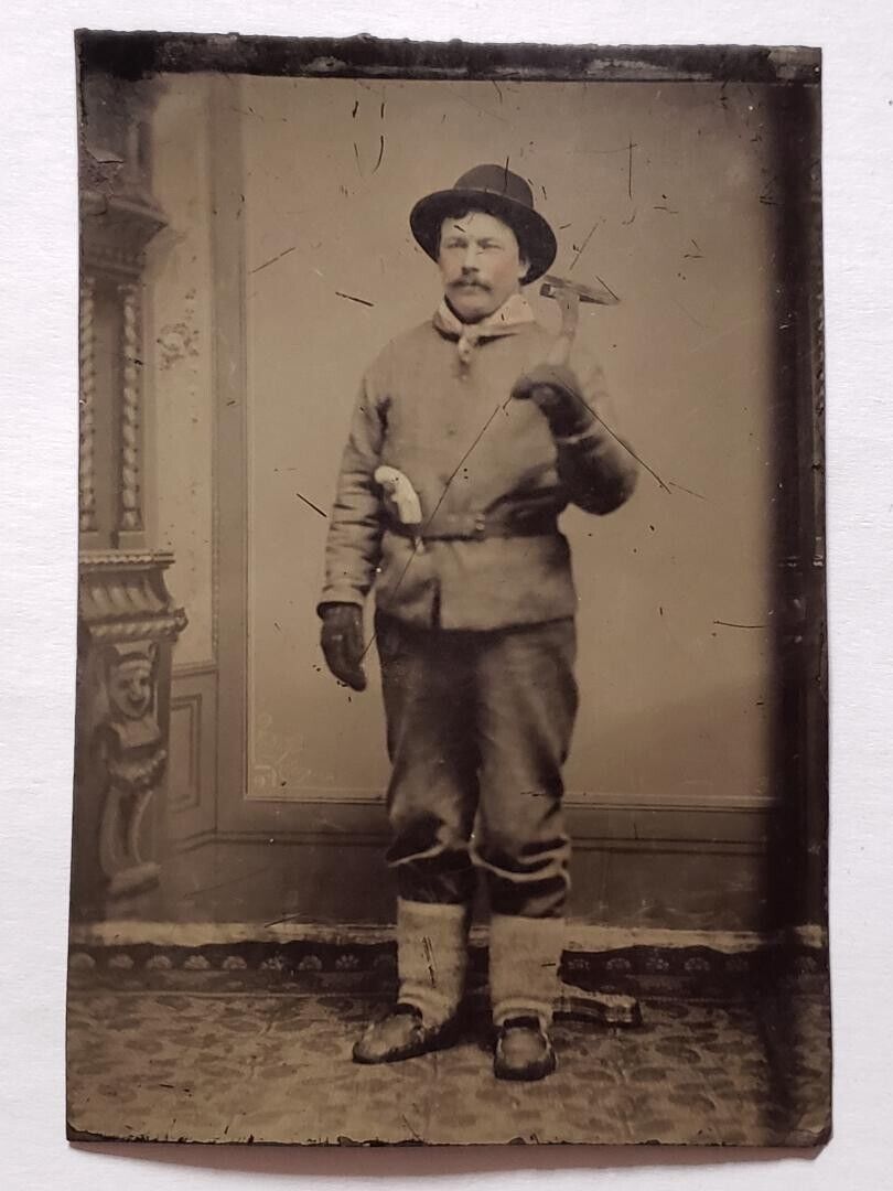 Antique Tintype Photo Occupational Armed LUMBERJACK Logger Axe Wilderness Man