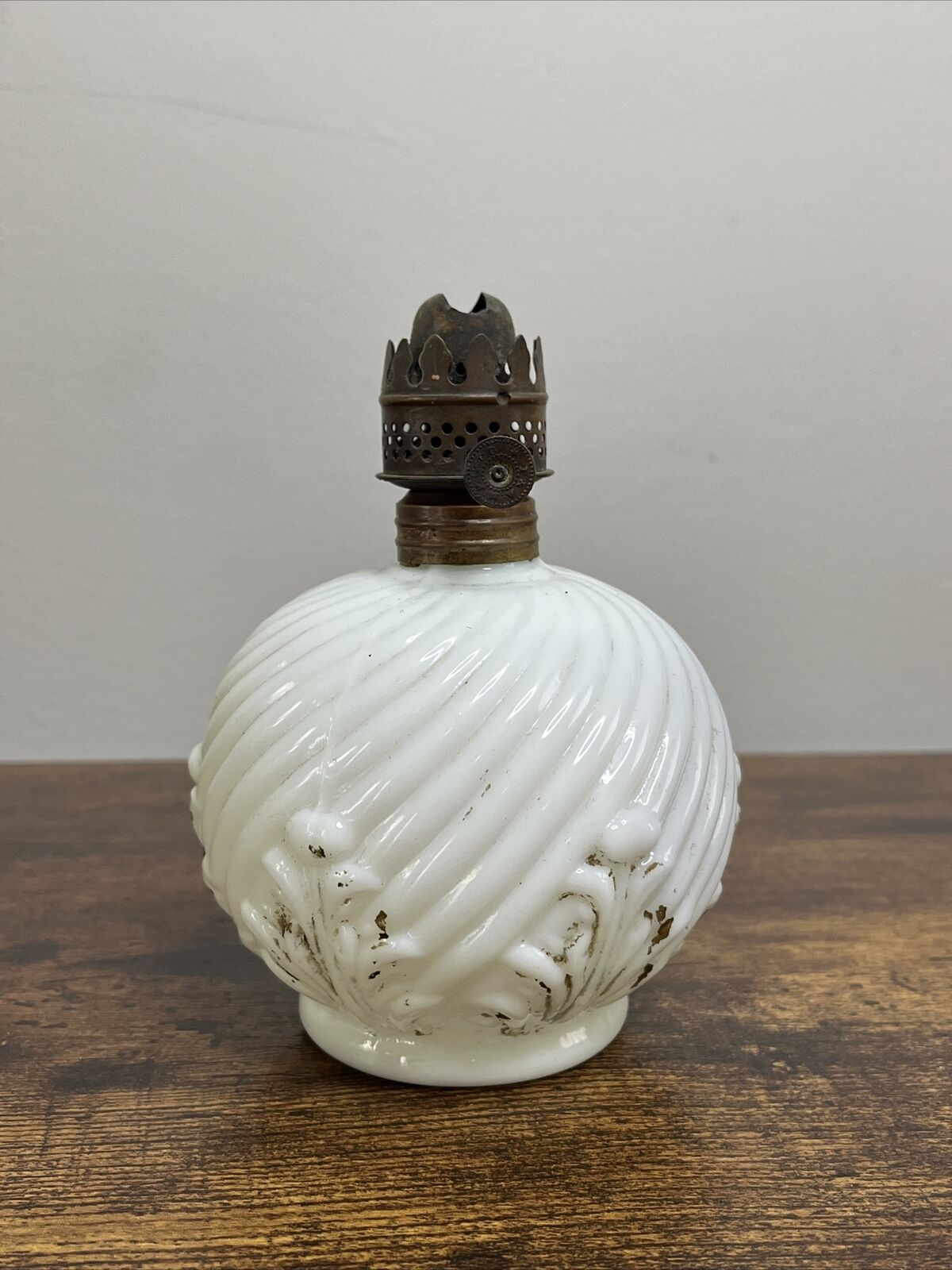 Antique Miniature Milk Glass Oil Lamp ~ Embossed Art Nouveau Scrolling Design