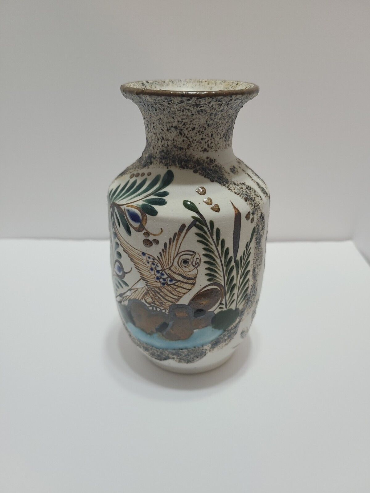 Vintage Tonala Mexico Handpainted Art Pottery Vase Blue Green Brown Parrot Bird