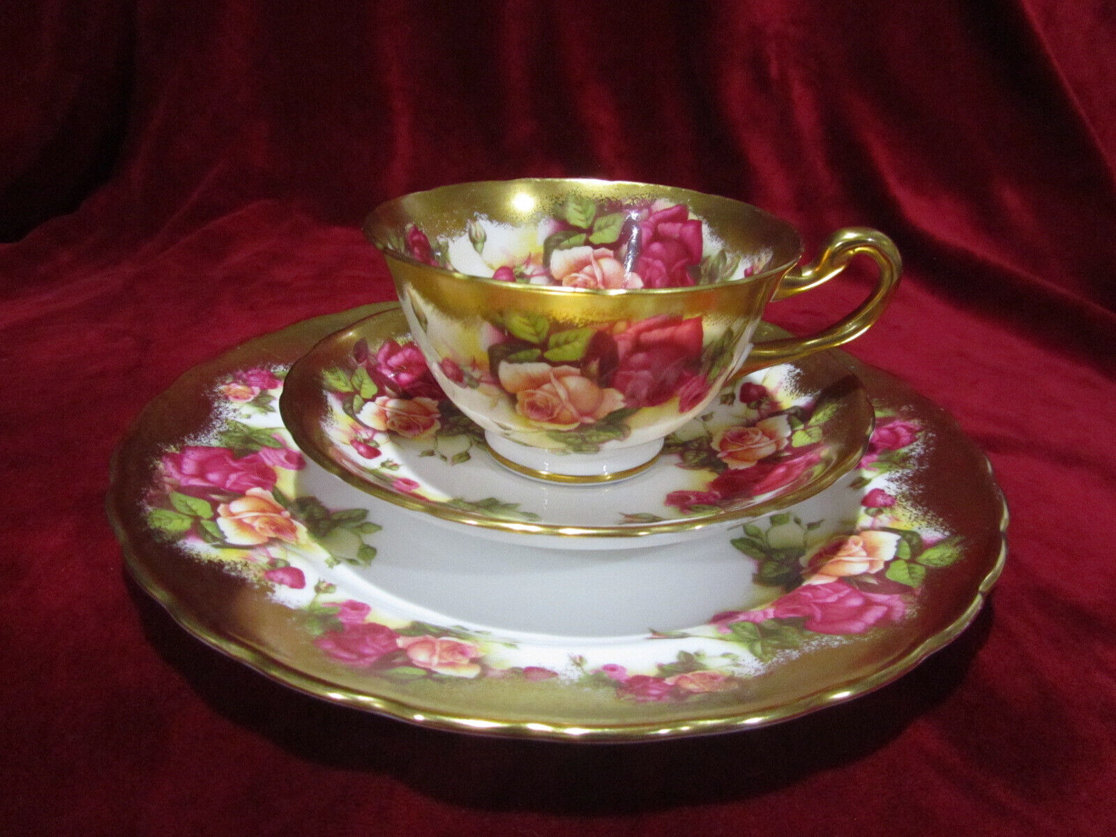 ROYAL CHELSEA Vintage 1930 1940s Golden Rose Teacup, Saucer & Dessert Plate 8”