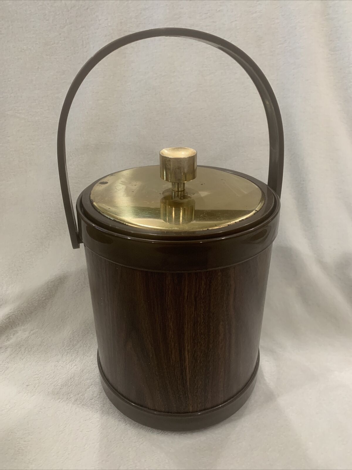 Vintage Atapco Faux Wood Grain Ice Bucket Gold Lid Barware MCM
