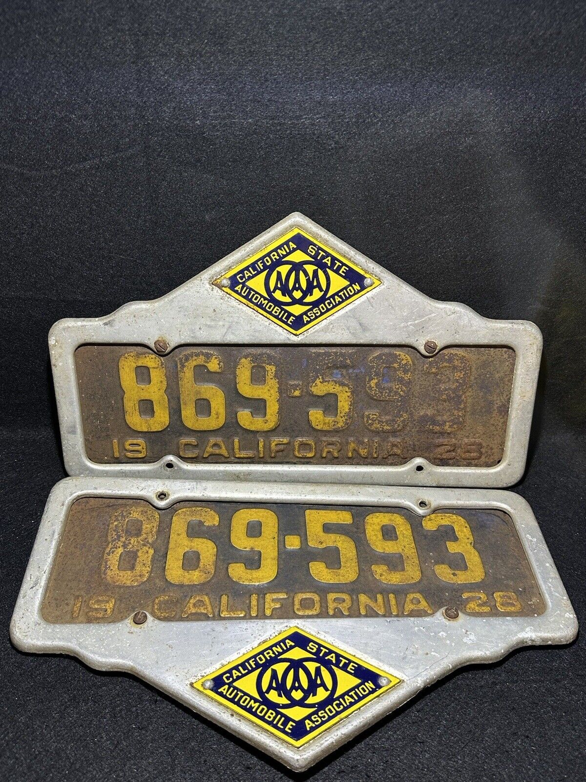 Vintage GarageFind Year 1928 California License Plate Pair With AAA Plate Topper