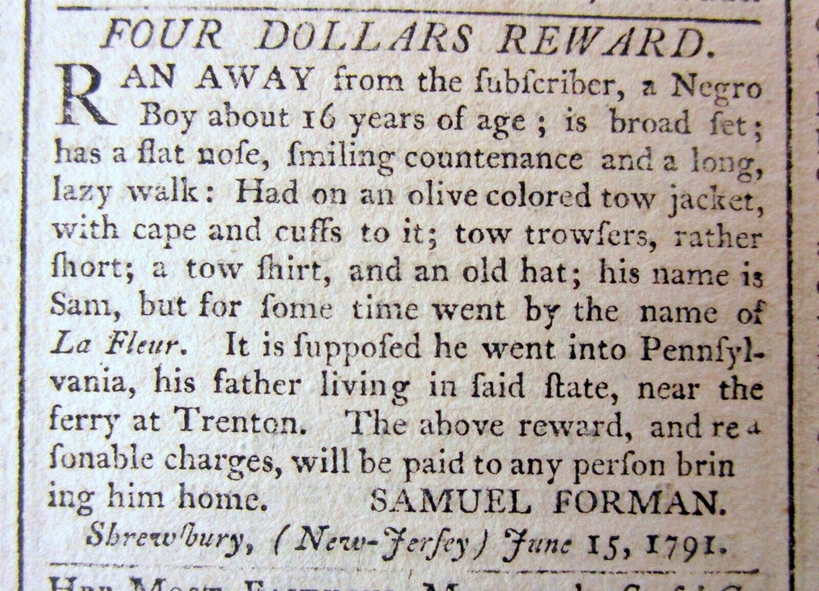 1791 Philadelphia newspaper w RUNAWAY SLAVE REWARD AD from Shrewsbury NEW JERSEY