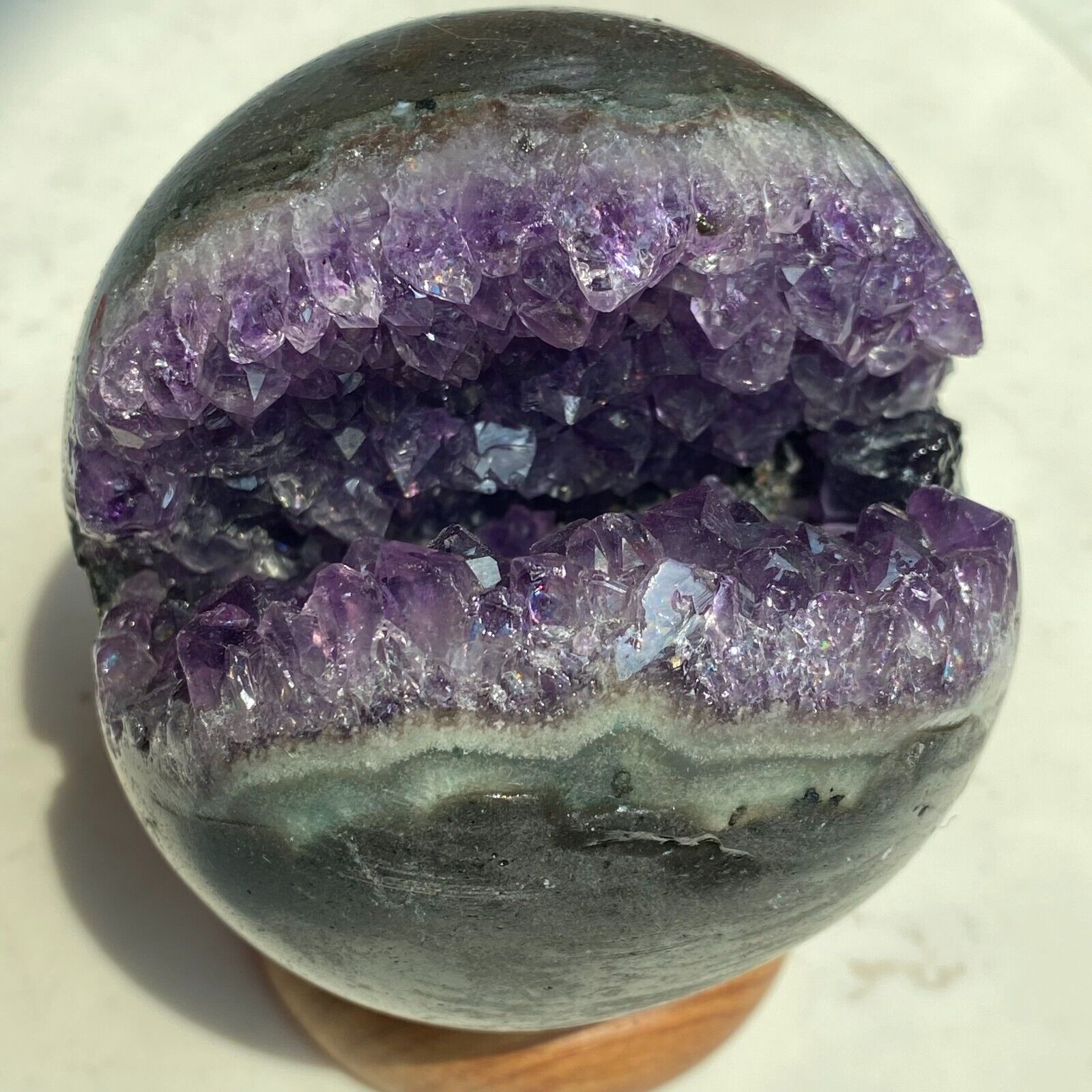 Natural Amethyst Geode Crystal Stone Sphere Ball With Wooden Stand Home Decor