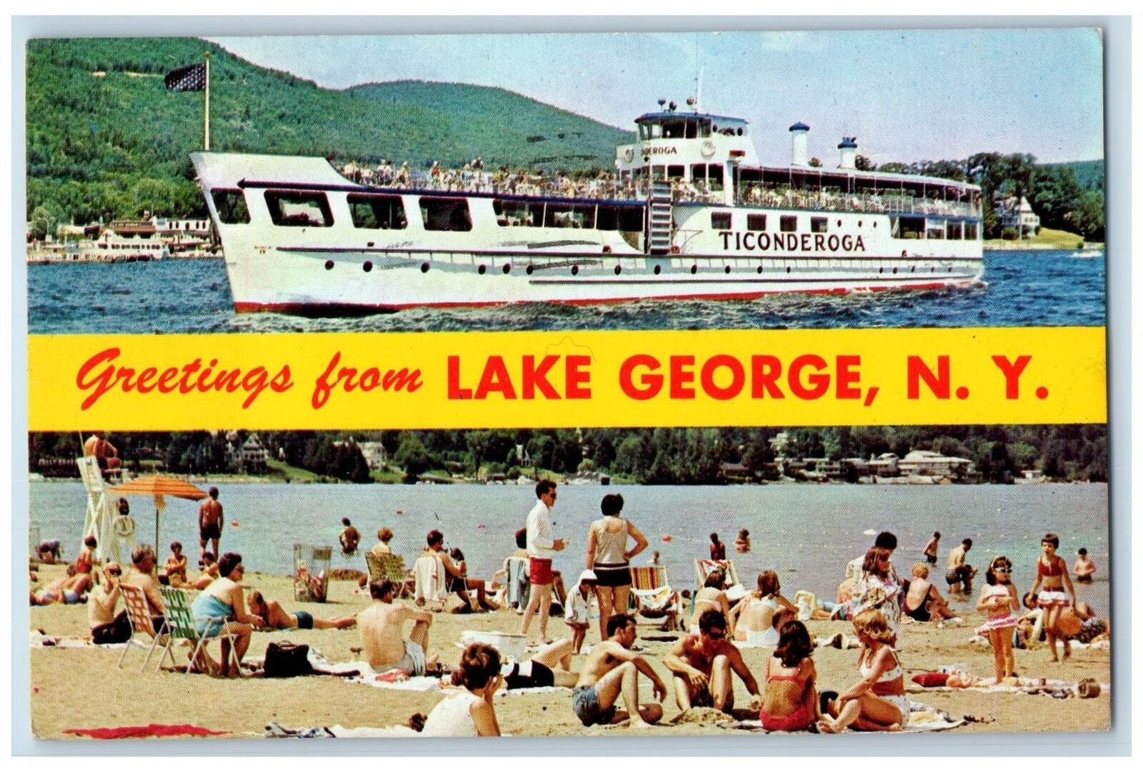 1960 Greetings From Lake George Banner New York NY Ticonderoga Postcard
