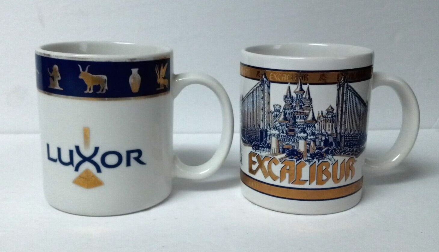 Vintage Las Vegas Luxor & Excalibur Coffee Mug Cup w/ Gold accents 12oz Set of 2