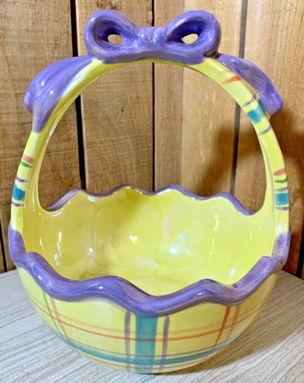 Ceramic Spring Easter Basket Candy Dish Bowl Yellow Purple Bow Handle 6\