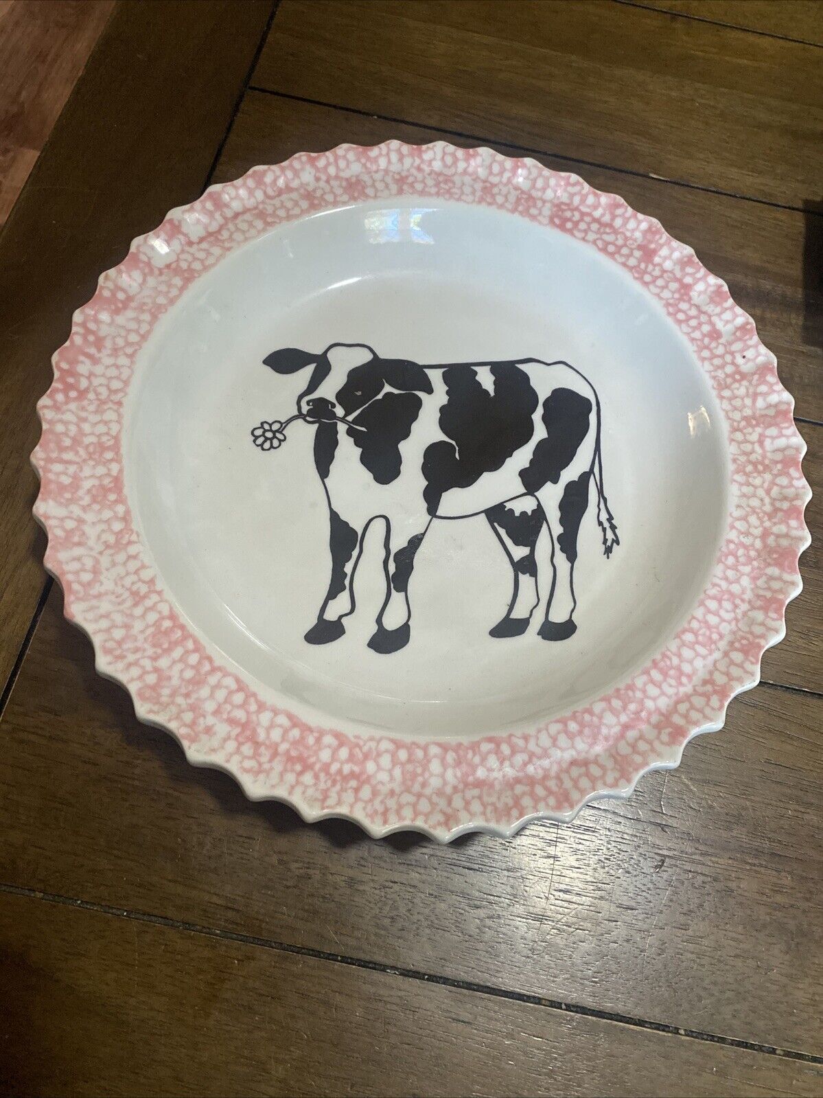 ABC Exclusive Ceramic Country Classic Heart Pie Plates Pink Spongeware w/Cow