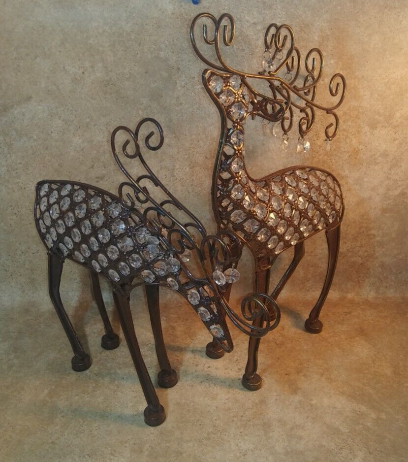 Pair of Faux Crystal Metal Deer Holiday Decor Reindeer Brown Jeweled Gems