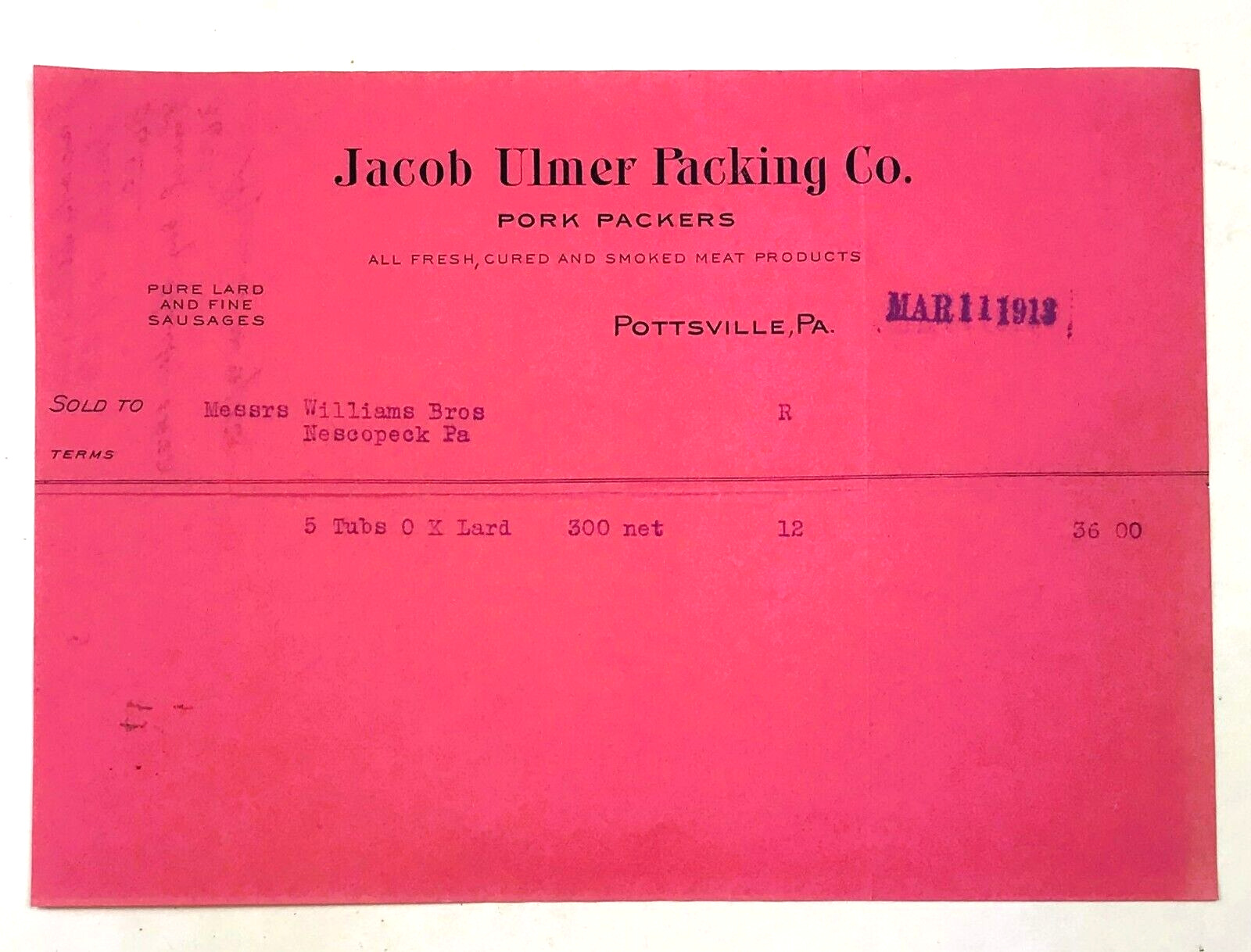 Pottsville PA Billhead Receipt Jacob Ulmer Packing Co. Pork Packers 1913   e1-50