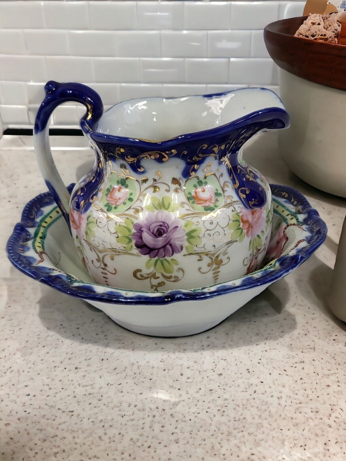 Vintage Water Basin Set Pitcher and Bowl Blue White Gold  Multicolor Flowers