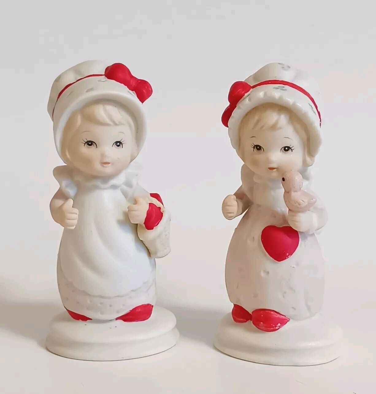 Vintage Lefton Figurine Girl Heart Red White Set Lot Bird Friends Love 