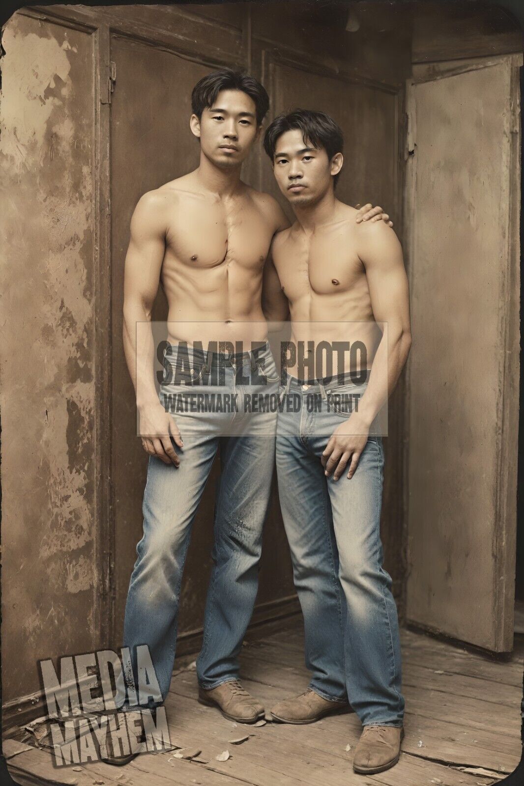 Two handsome Asian Men in Jeans Print 4x6 Gay Interest Photo #138