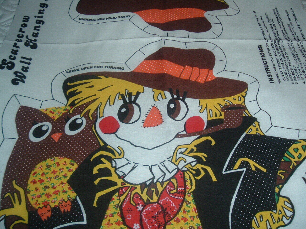 Vtg 80s Halloween Polka Dot Scarecrow Owl Mouse Cut Sew Stuff Fabric Panel #HFC