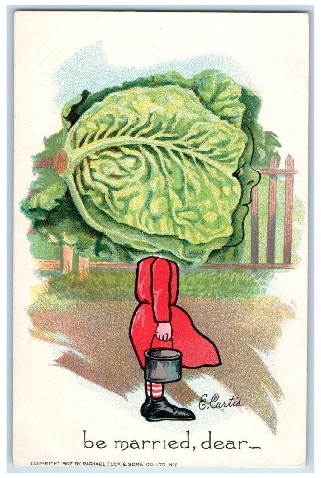 Curtis Artist Signed Postcard Girl Cabbage Head With Bucket Garden Patch Tuck\'s
