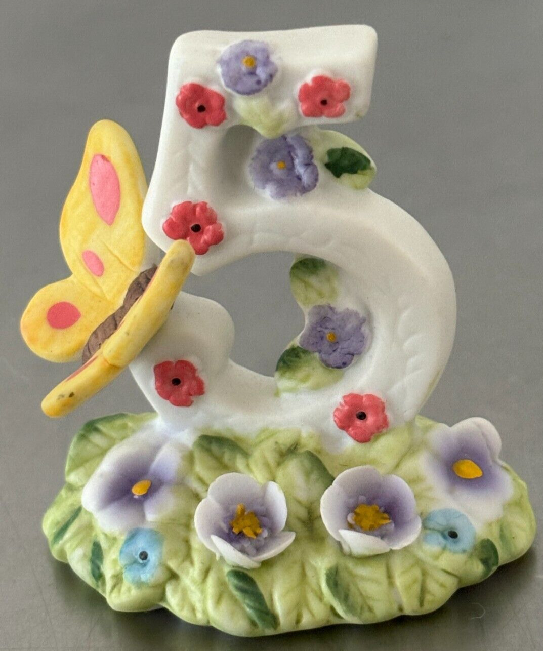 Vintage 5th Birthday Bisque Butterfly Cake Topper Applied Flowers 